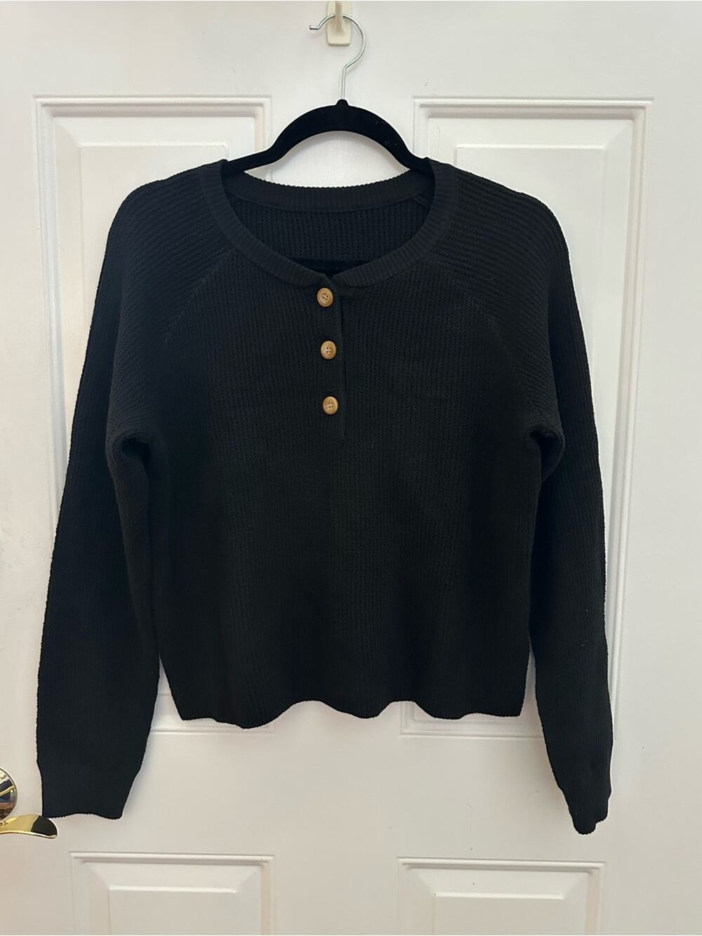 Halara Crewneck Henley Sweater with Button Placket - Black